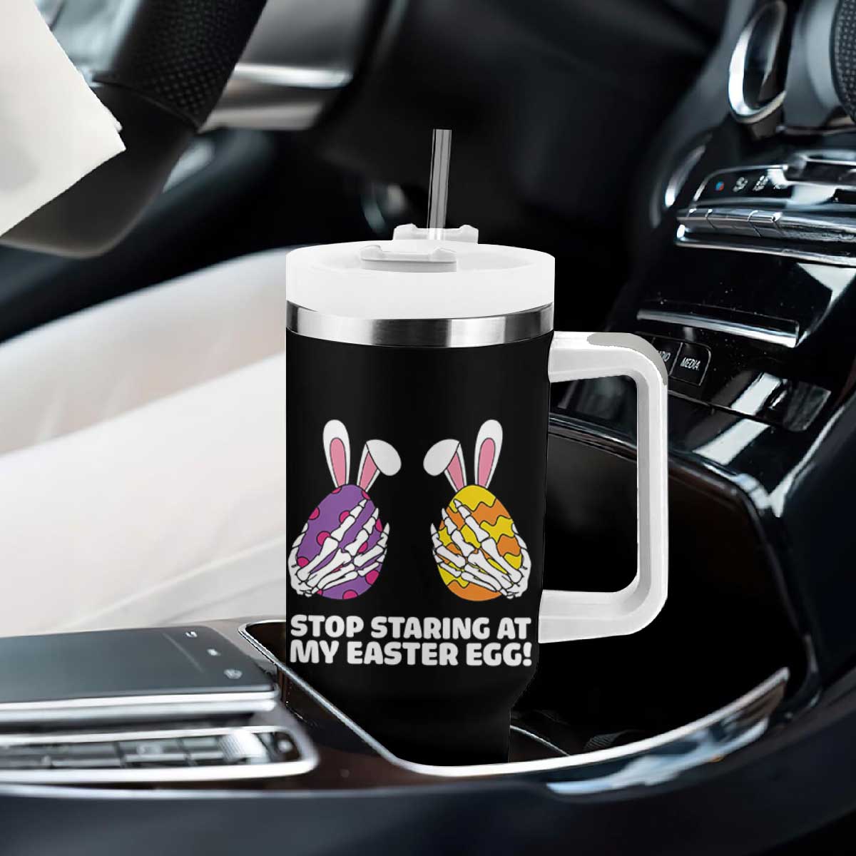 Stop Staring at My Easter Eggs Tumbler With Handle Funny Skeleton Bunny Easter TS14 Print Your Wear