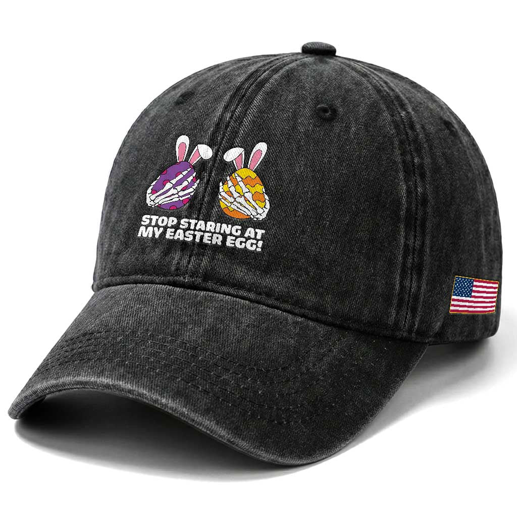 Stop Staring at My Easter Eggs Washed Cotton Baseball Cap Funny Skeleton Bunny Easter TS14 Print Your Wear