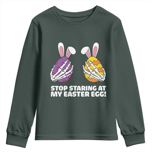 Stop Staring at My Easter Eggs Youth Sweatshirt Funny Skeleton Bunny Easter TS14 Dark Forest Green Print Your Wear