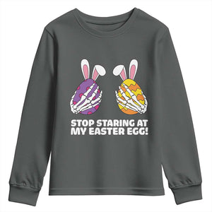 Stop Staring at My Easter Eggs Youth Sweatshirt Funny Skeleton Bunny Easter TS14 Dark Heather Print Your Wear