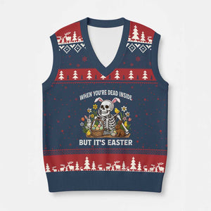 Funny Easter Skeleton V-Neck Knit Sweater Vest When You're Dead Inside But It's Easter TS14 Navy Red Print Your Wear