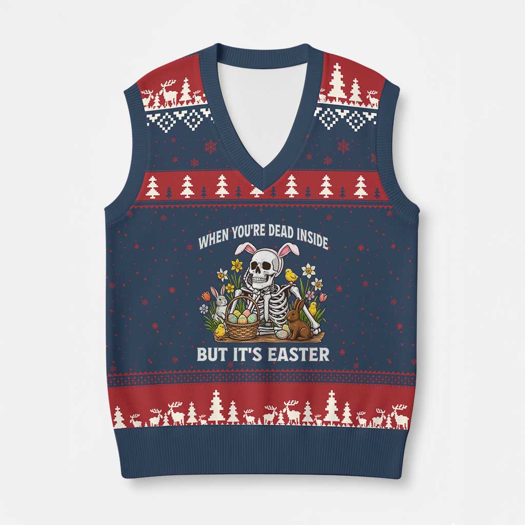 Funny Easter Skeleton V-Neck Knit Sweater Vest When You're Dead Inside But It's Easter TS14 Navy Red Print Your Wear