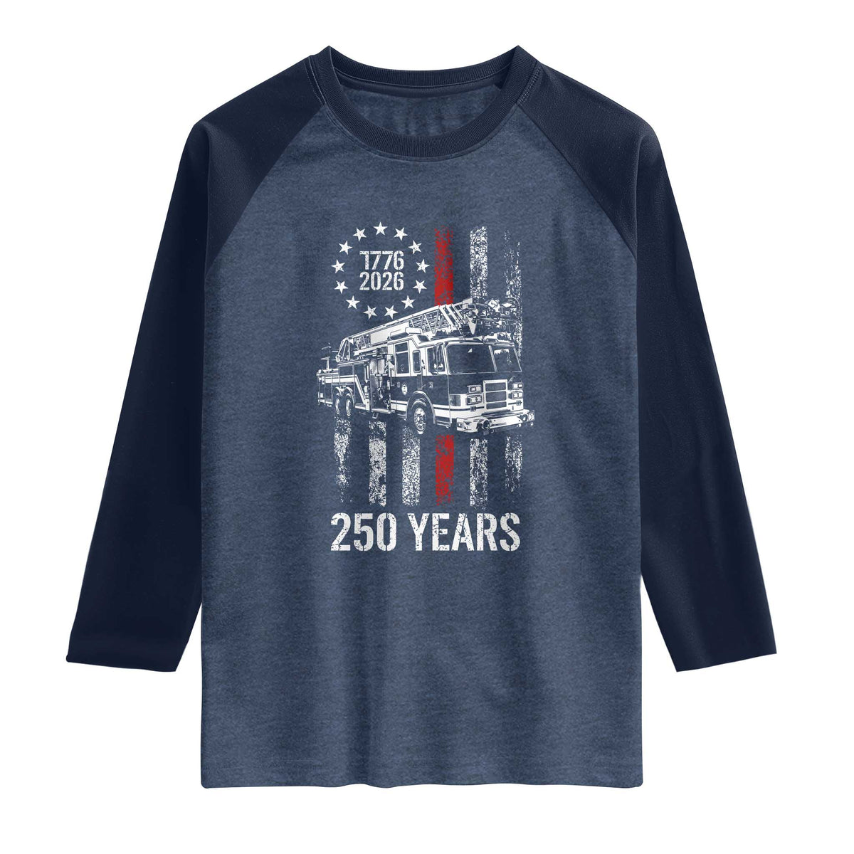 Fireman 250 Years of America Raglan Shirt Fireman American Flag Thin Red Line Firefighter TS14 Heather Denim Navy Print Your Wear