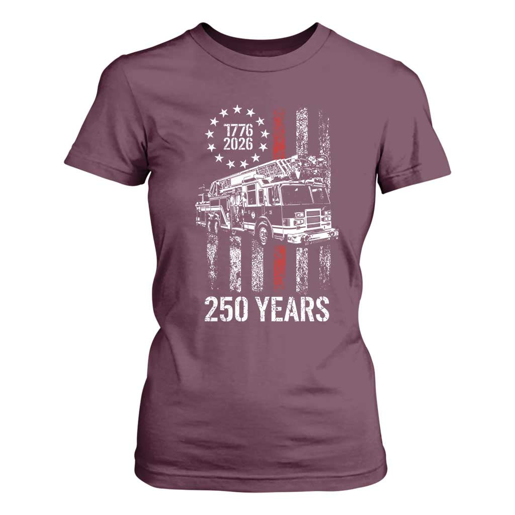 Fireman 250 Years of America T Shirt For Women Fireman American Flag Thin Red Line Firefighter TS14 Maroon Print Your Wear