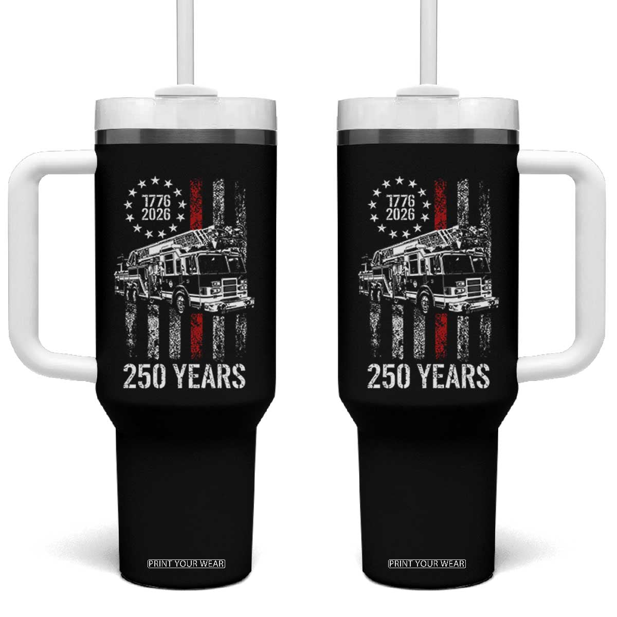Fireman 250 Years of America Tumbler With Handle Fireman American Flag Thin Red Line Firefighter TS14 One Size: 40 oz Black Print Your Wear