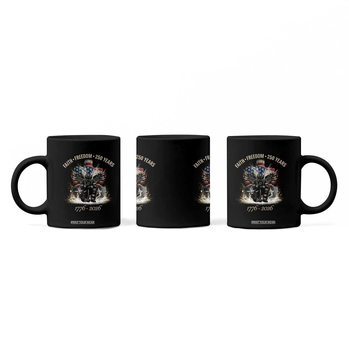 Fireman 250 Years of America Coffee Mug Faith Freedom Firefighter American Flag Cross TS14 Print Your Wear