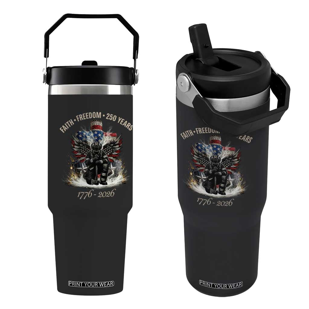 Fireman 250 Years of America Flip Straw Tumbler Faith Freedom Firefighter American Flag Cross TS14 One Size: 30 oz Black Print Your Wear