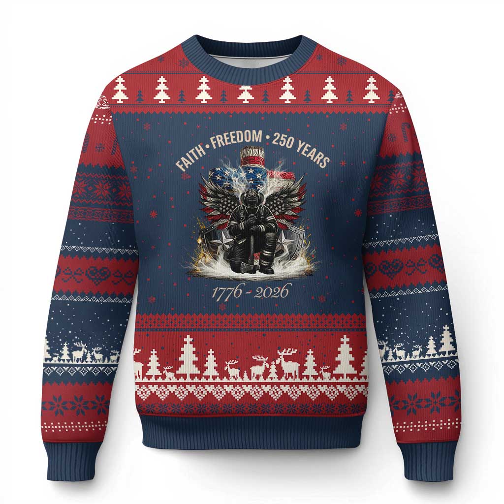 Fireman 250 Years of America Ugly Christmas Sweater Faith Freedom Firefighter American Flag Cross TS14 Navy Red Print Your Wear