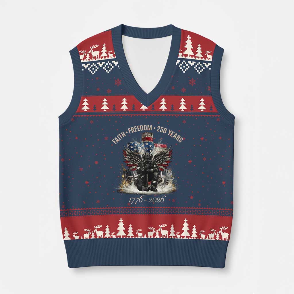 Fireman 250 Years of America V-Neck Knit Sweater Vest Faith Freedom Firefighter American Flag Cross TS14 Navy Red Print Your Wear