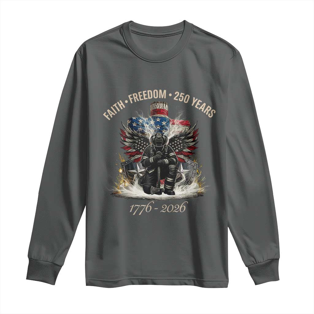 Fireman 250 Years of America Long Sleeve Shirt Faith Freedom Firefighter American Flag Cross TS14 Dark Heather Print Your Wear