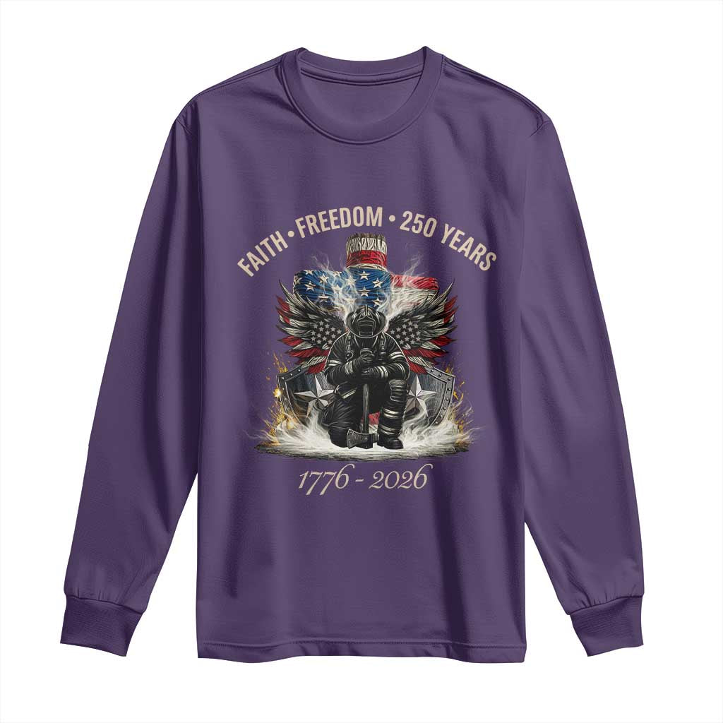 Fireman 250 Years of America Long Sleeve Shirt Faith Freedom Firefighter American Flag Cross TS14 Purple Print Your Wear
