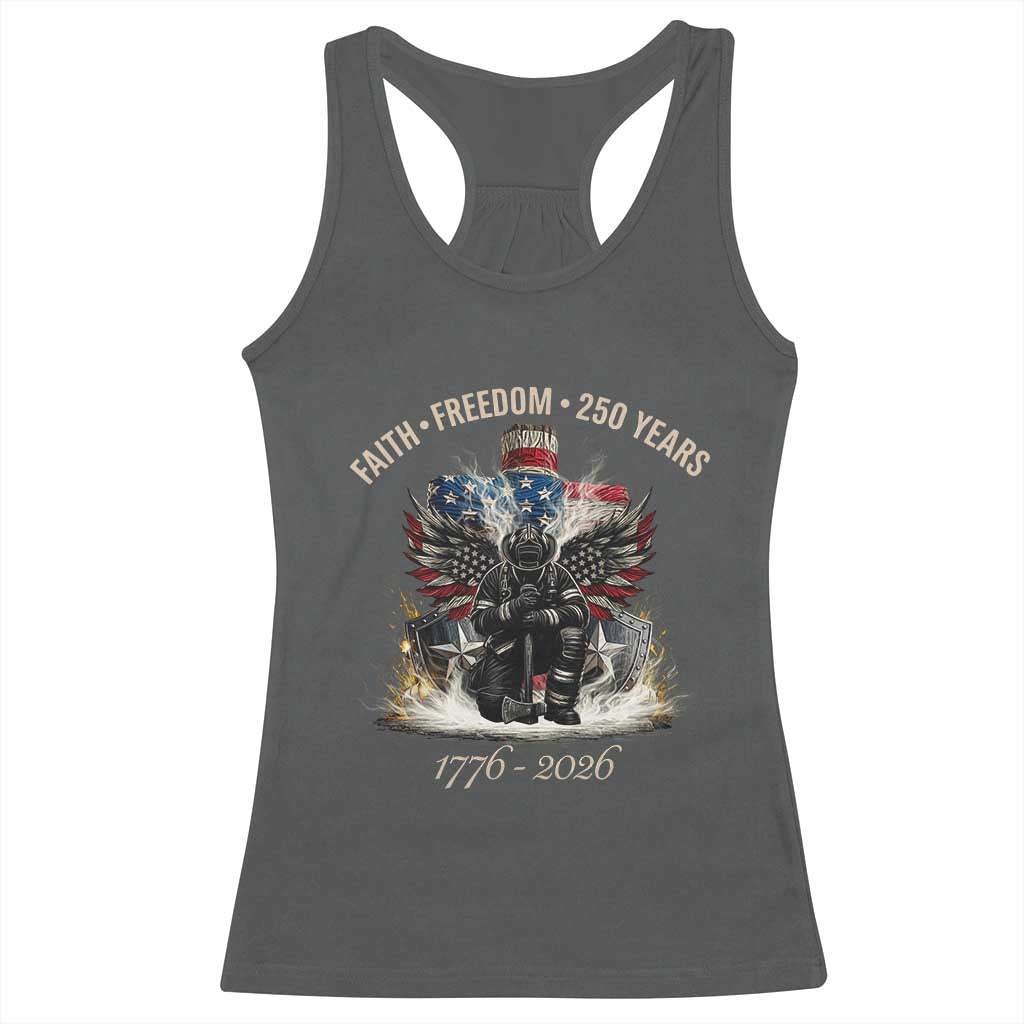 Fireman 250 Years of America Racerback Tank Top Faith Freedom Firefighter American Flag Cross TS14 Dark Heather Print Your Wear