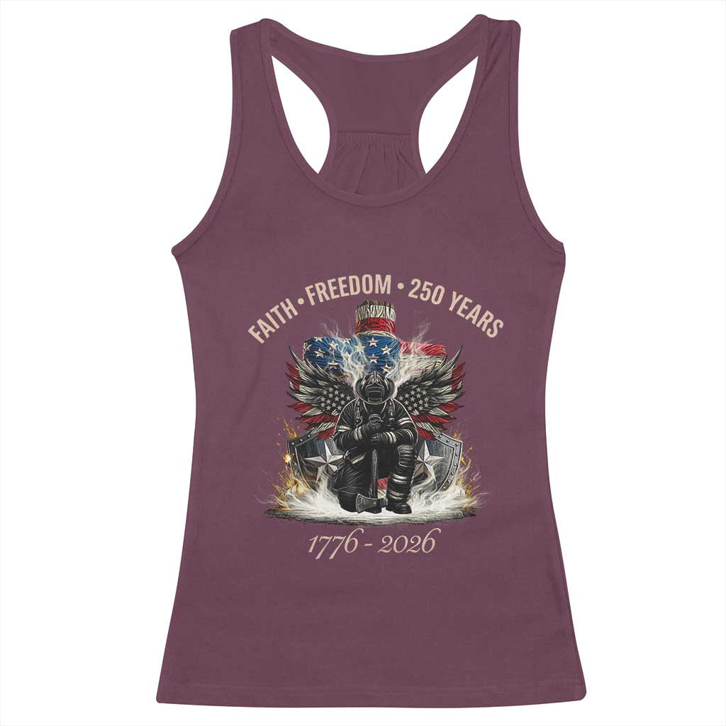 Fireman 250 Years of America Racerback Tank Top Faith Freedom Firefighter American Flag Cross TS14 Maroon Print Your Wear
