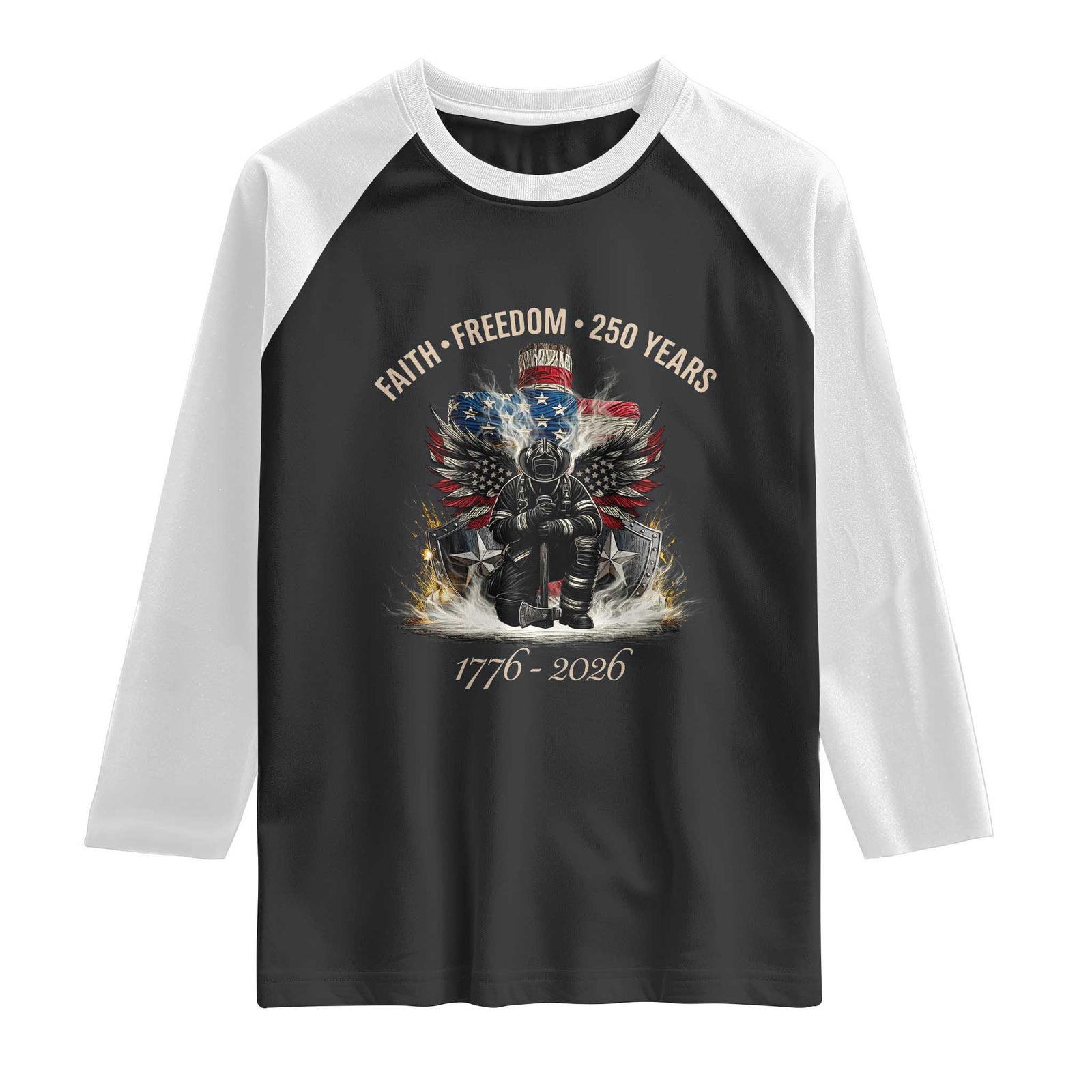 Fireman 250 Years of America Raglan Shirt Faith Freedom Firefighter American Flag Cross TS14 Black White Print Your Wear