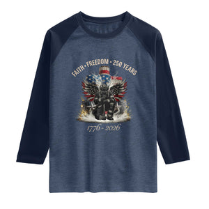 Fireman 250 Years of America Raglan Shirt Faith Freedom Firefighter American Flag Cross TS14 Heather Denim Navy Print Your Wear