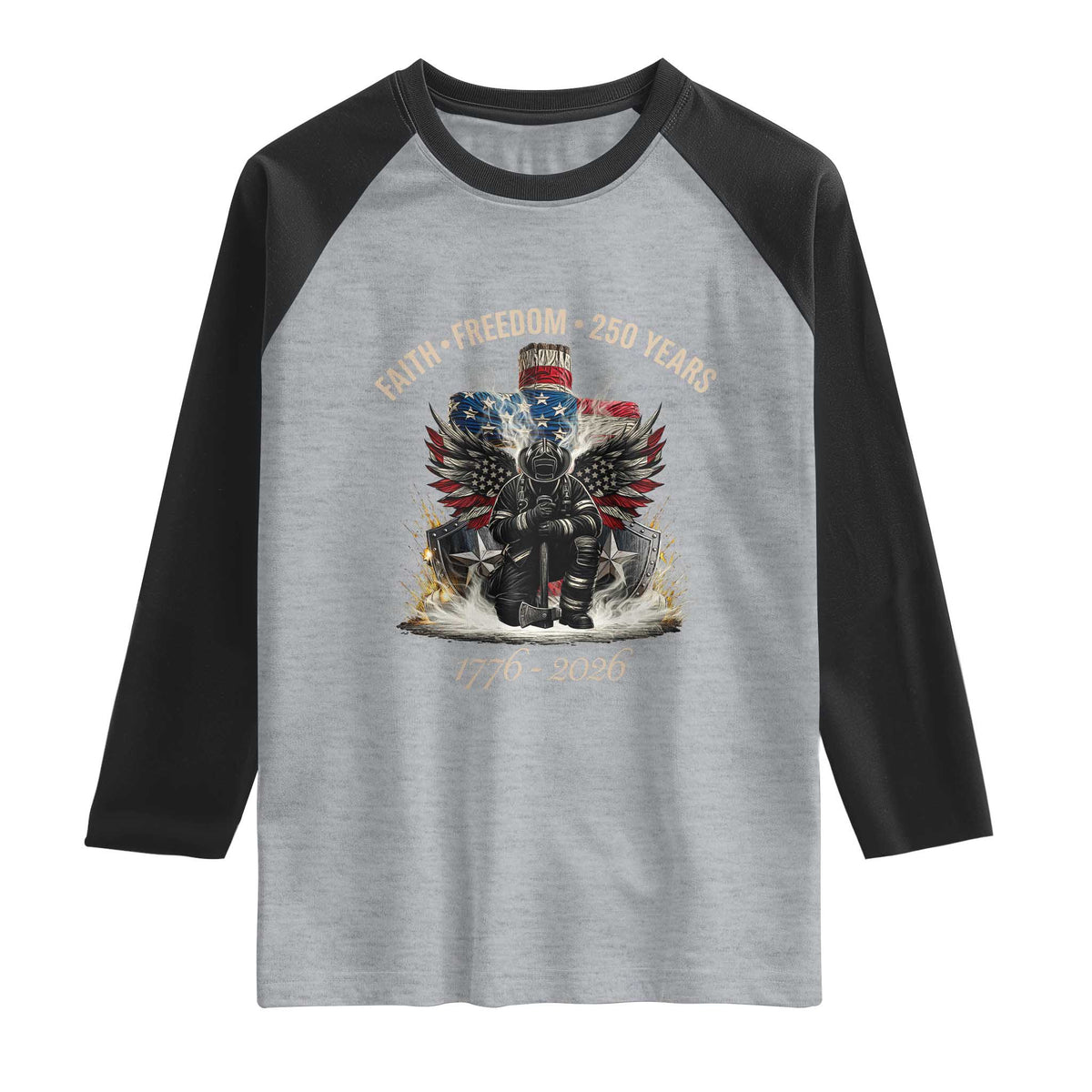 Fireman 250 Years of America Raglan Shirt Faith Freedom Firefighter American Flag Cross TS14 Heather Gray Black Print Your Wear