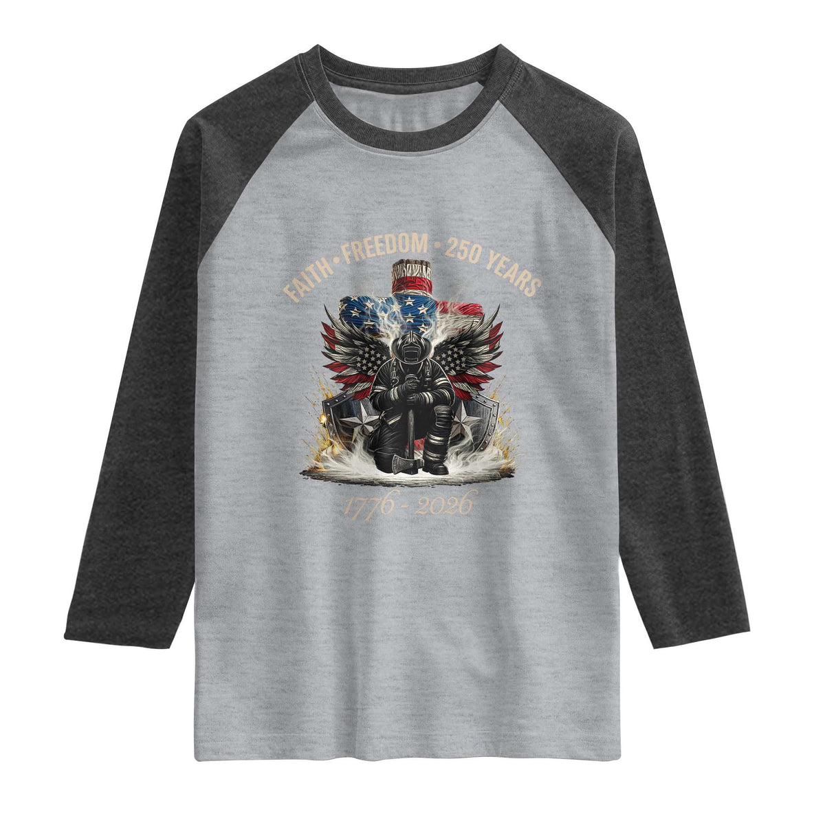Fireman 250 Years of America Raglan Shirt Faith Freedom Firefighter American Flag Cross TS14 Heather Gray Heather Charcoal Print Your Wear