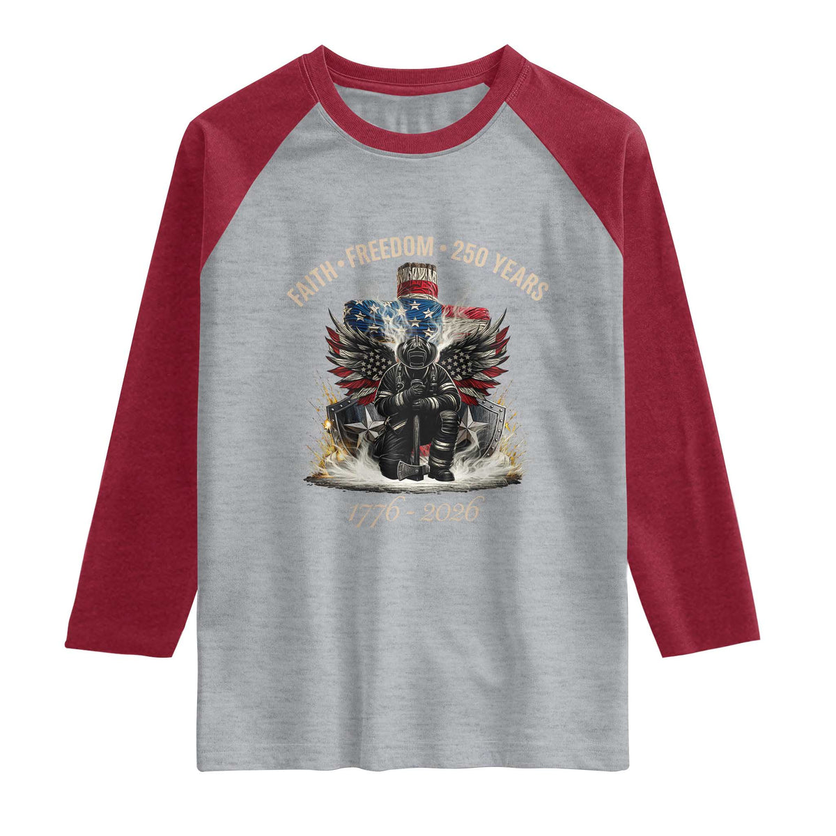 Fireman 250 Years of America Raglan Shirt Faith Freedom Firefighter American Flag Cross TS14 Heather Gray Heather Red Print Your Wear