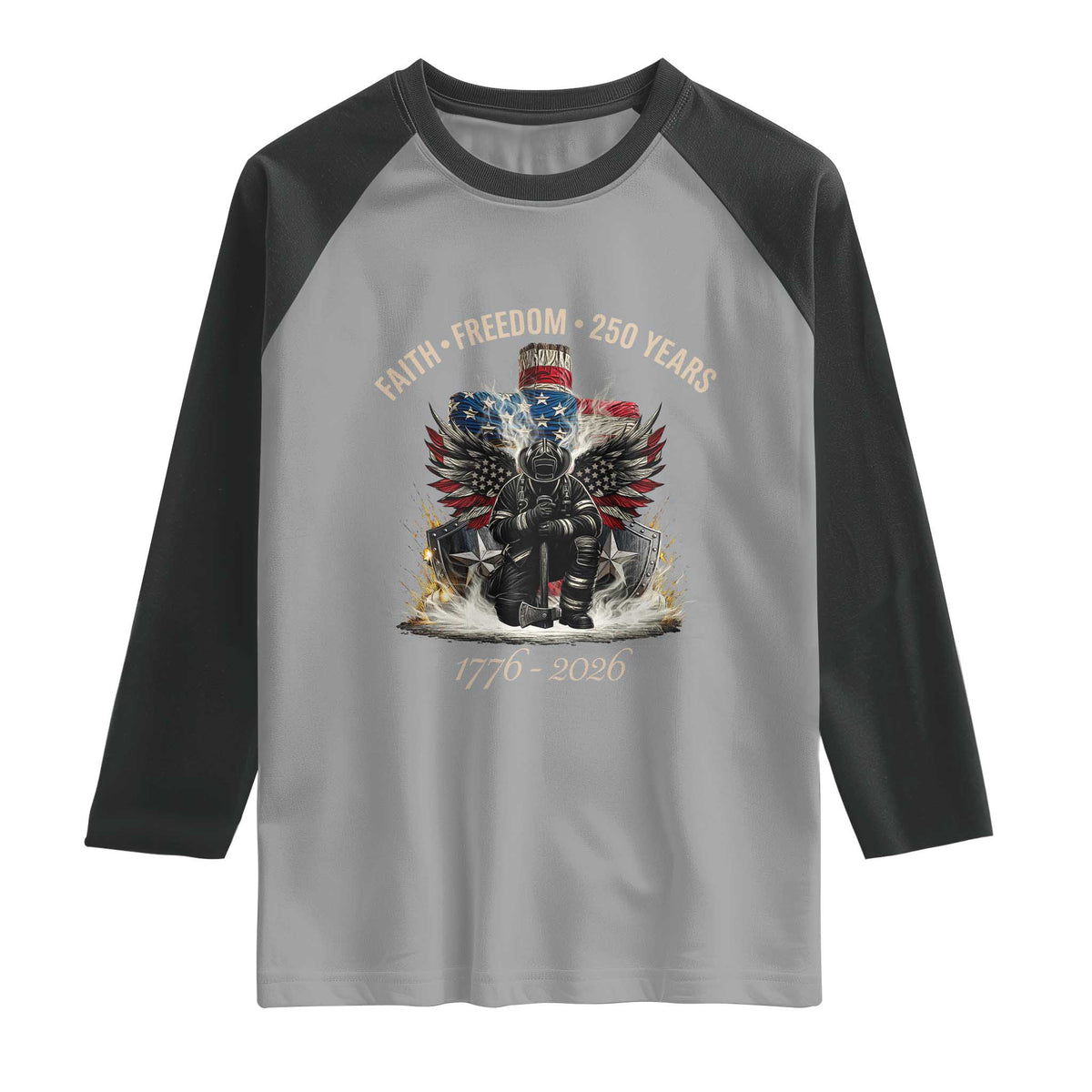 Fireman 250 Years of America Raglan Shirt Faith Freedom Firefighter American Flag Cross TS14 Sport Gray Black Print Your Wear