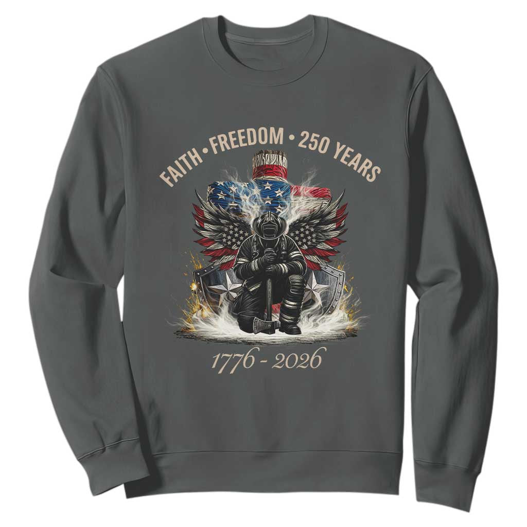 Fireman 250 Years of America Sweatshirt Faith Freedom Firefighter American Flag Cross TS14 Dark Heather Print Your Wear