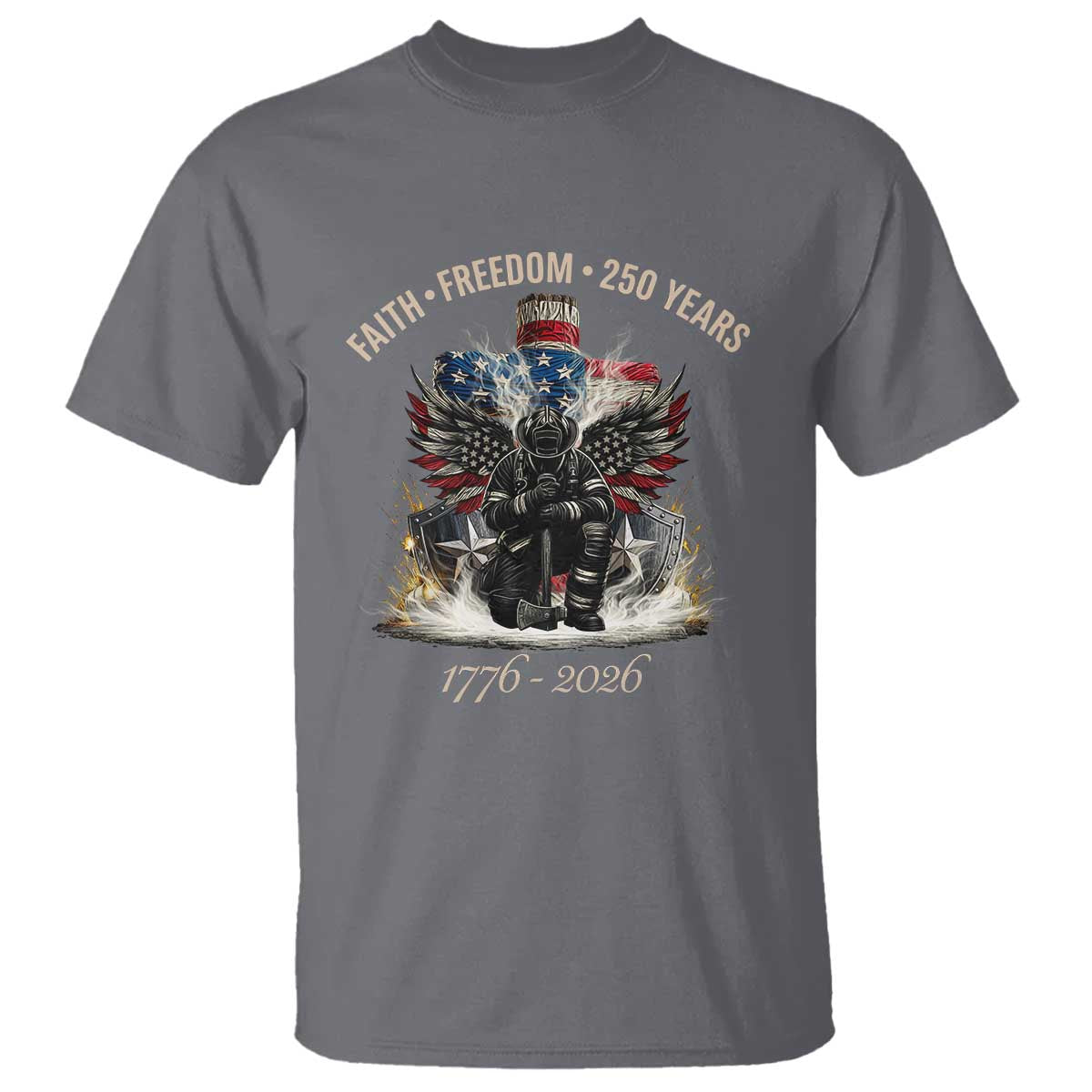 Fireman 250 Years of America T Shirt Faith Freedom Firefighter American Flag Cross TS14 Charcoal Print Your Wear
