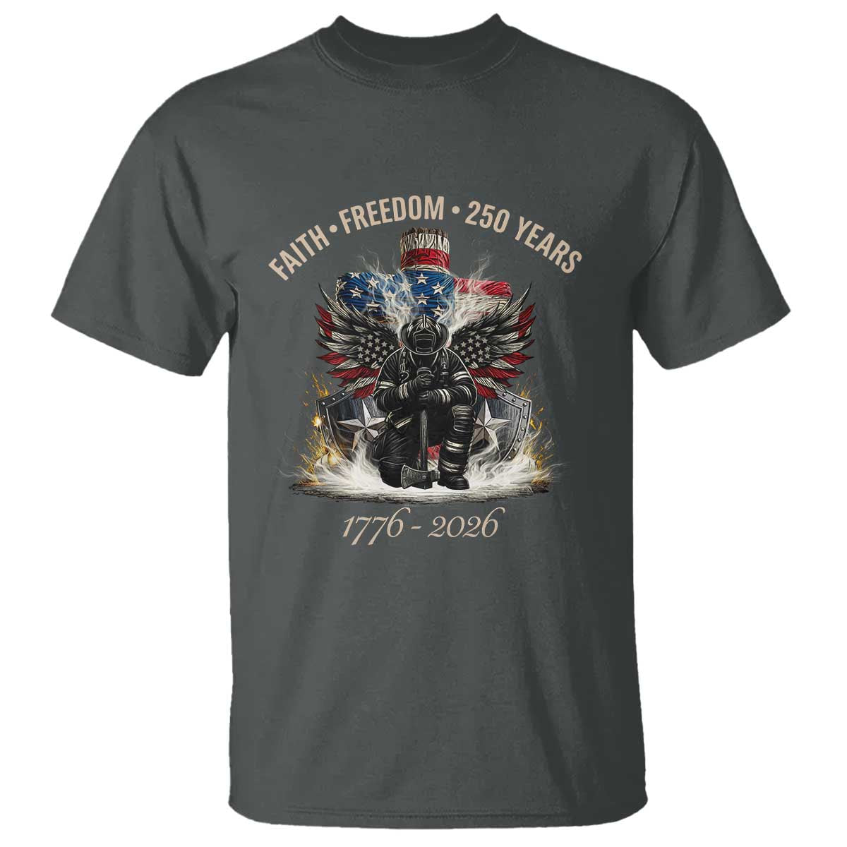 Fireman 250 Years of America T Shirt Faith Freedom Firefighter American Flag Cross TS14 Dark Heather Print Your Wear