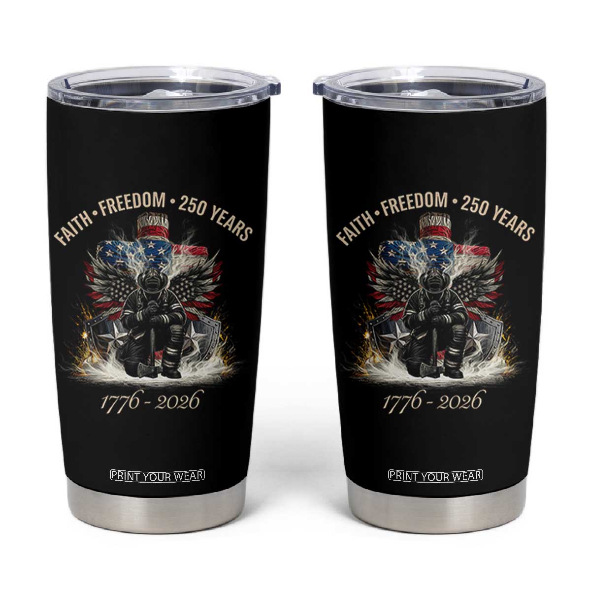 Fireman 250 Years of America Tumbler Cup Faith Freedom Firefighter American Flag Cross TS14 Black Print Your Wear