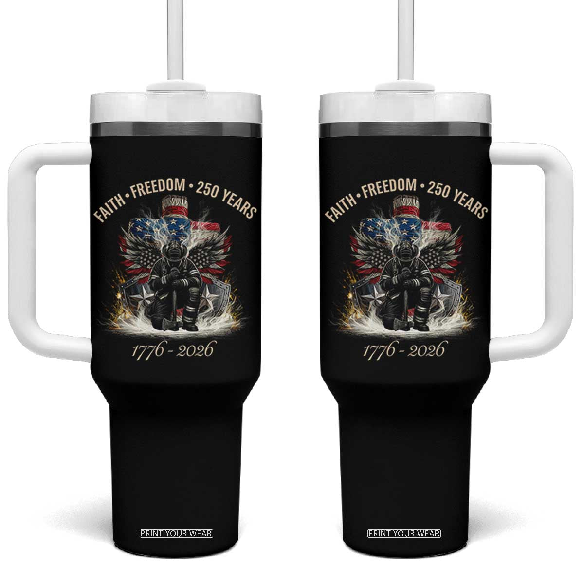Fireman 250 Years of America Tumbler With Handle Faith Freedom Firefighter American Flag Cross TS14 One Size: 40 oz Black Print Your Wear