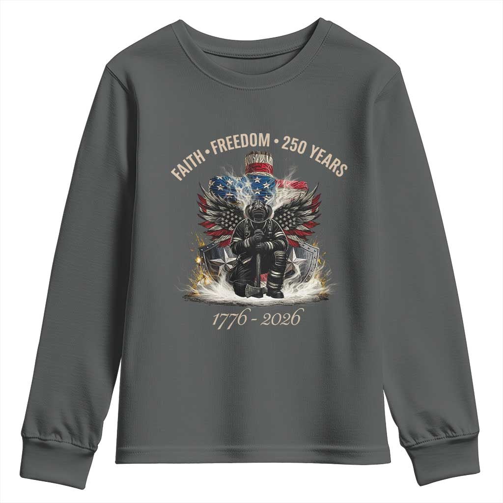 Fireman 250 Years of America Youth Sweatshirt Faith Freedom Firefighter American Flag Cross TS14 Dark Heather Print Your Wear
