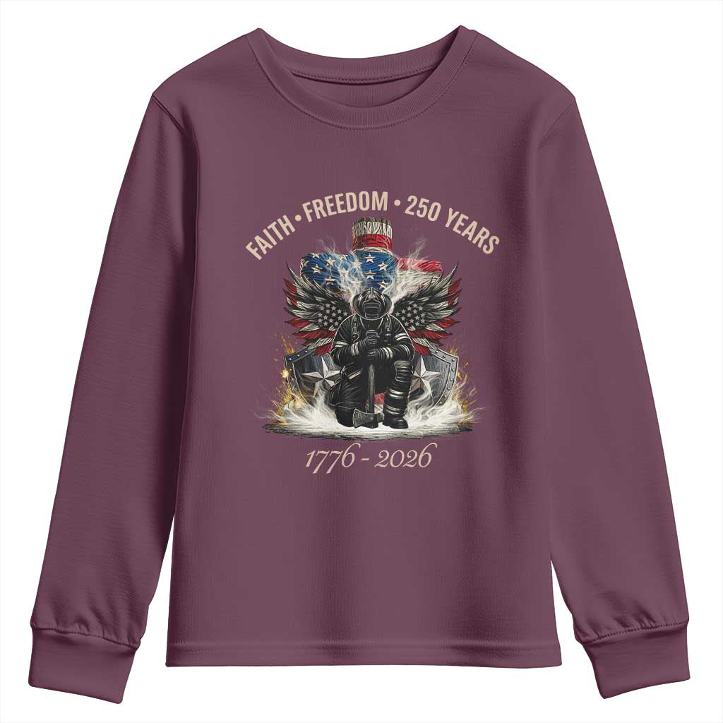Fireman 250 Years of America Youth Sweatshirt Faith Freedom Firefighter American Flag Cross TS14 Maroon Print Your Wear