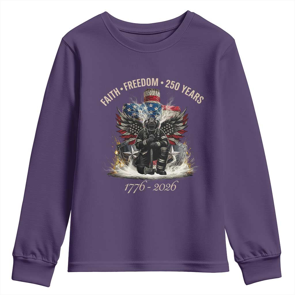 Fireman 250 Years of America Youth Sweatshirt Faith Freedom Firefighter American Flag Cross TS14 Purple Print Your Wear