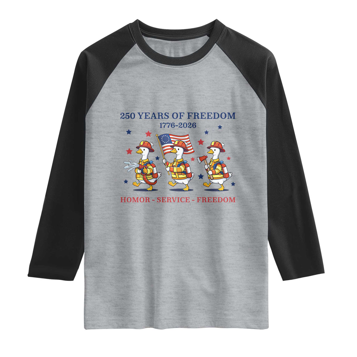 Fireman 250 Years of America Raglan Shirt Silly Goose Firefighter Honor Service Freedom TS14 Heather Gray Black Print Your Wear