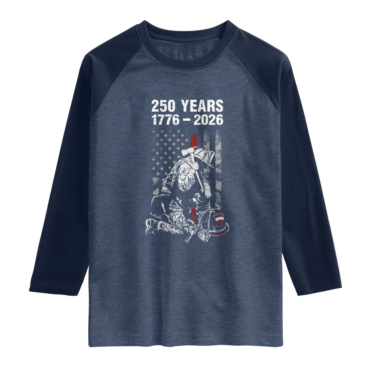 Fireman 250 Years of America Raglan Shirt Firefighter Red US Patriotic 4th Of July TS14 Heather Denim Navy Print Your Wear