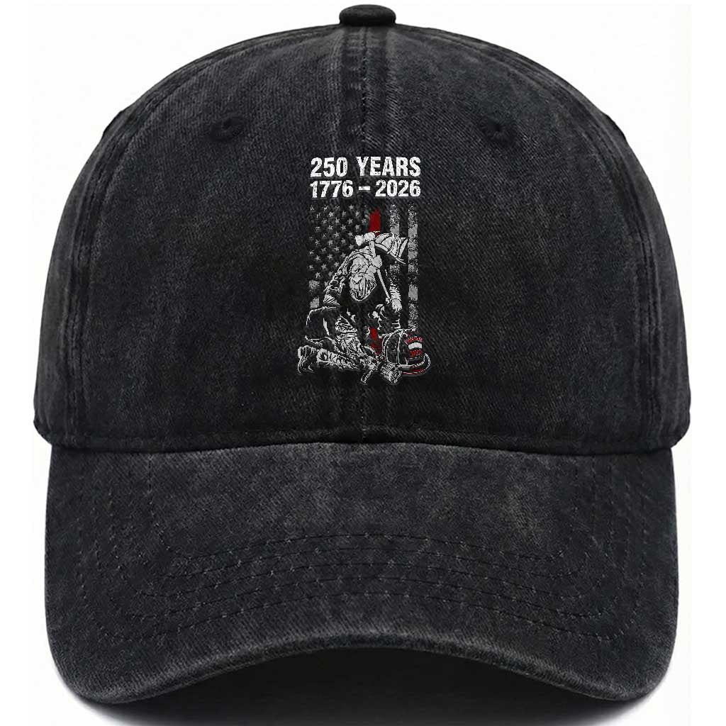 Fireman 250 Years of America Washed Cotton Baseball Cap Firefighter Red US Patriotic 4th Of July TS14 Print Your Wear