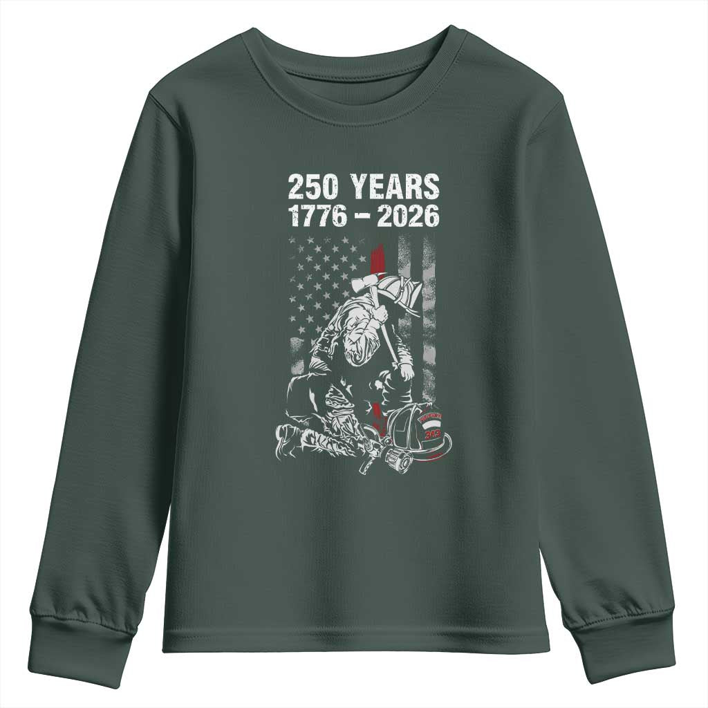 Fireman 250 Years of America Youth Sweatshirt Firefighter Red US Patriotic 4th Of July TS14 Dark Forest Green Print Your Wear