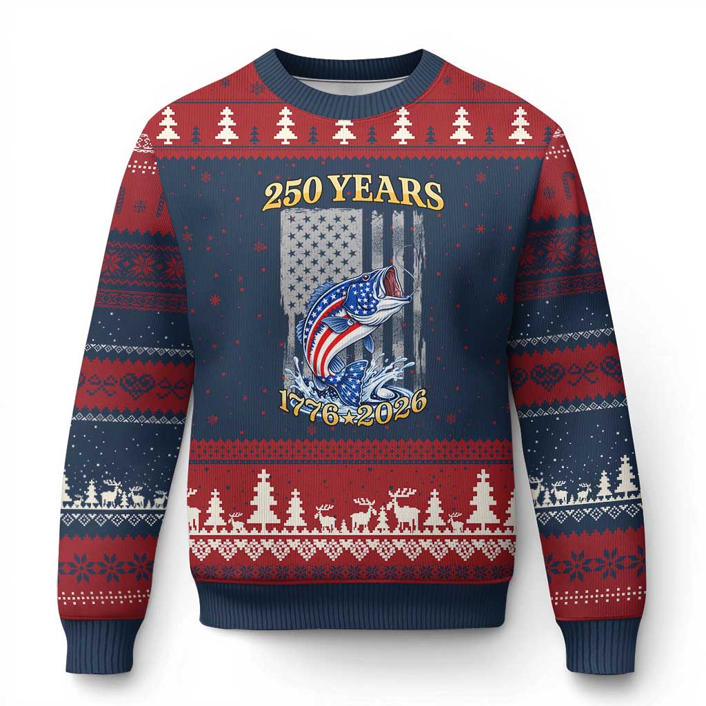 America 250th Fishing Ugly Christmas Sweater Patriotic Fisherman American Flag TS14 Navy Red Print Your Wear
