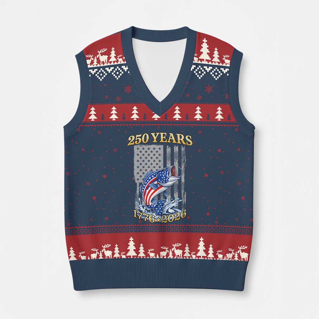 America 250th Fishing V-Neck Knit Sweater Vest Patriotic Fisherman American Flag TS14 Navy Red Print Your Wear