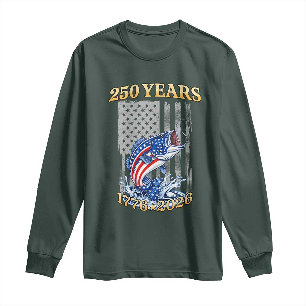 250th Anniversary USA Fishing Long Sleeve Shirt Patriotic Fisherman American Flag TS14 Dark Forest Green Print Your Wear