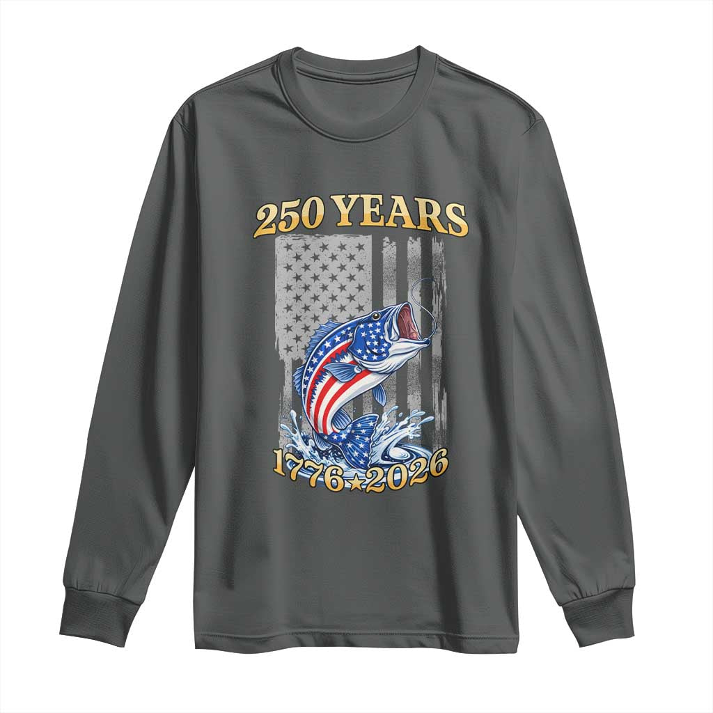 250th Anniversary USA Fishing Long Sleeve Shirt Patriotic Fisherman American Flag TS14 Dark Heather Print Your Wear