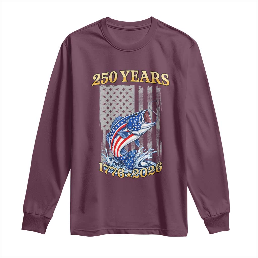 250th Anniversary USA Fishing Long Sleeve Shirt Patriotic Fisherman American Flag TS14 Maroon Print Your Wear