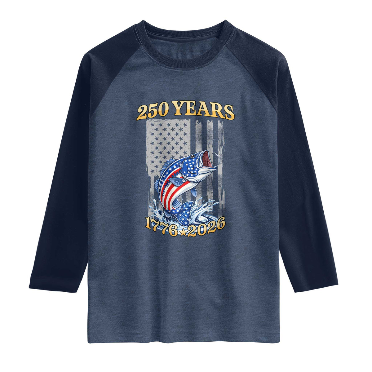250th Anniversary USA Fishing Raglan Shirt Patriotic Fisherman American Flag TS14 Heather Denim Navy Print Your Wear