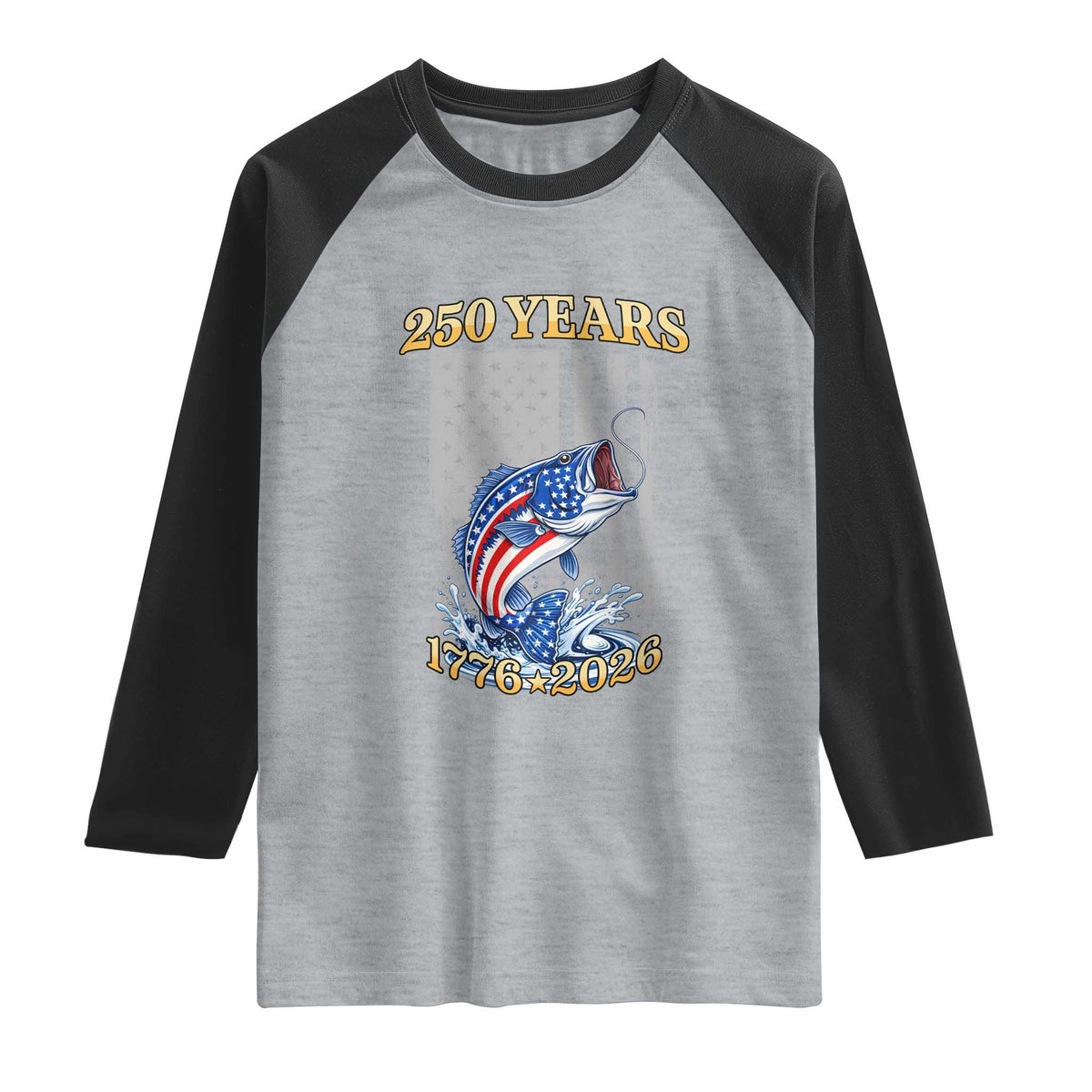 250th Anniversary USA Fishing Raglan Shirt Patriotic Fisherman American Flag TS14 Heather Gray Black Print Your Wear