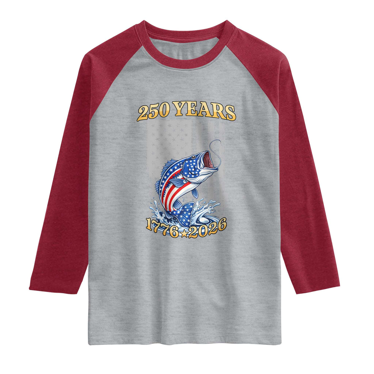 250th Anniversary USA Fishing Raglan Shirt Patriotic Fisherman American Flag TS14 Heather Gray Heather Red Print Your Wear