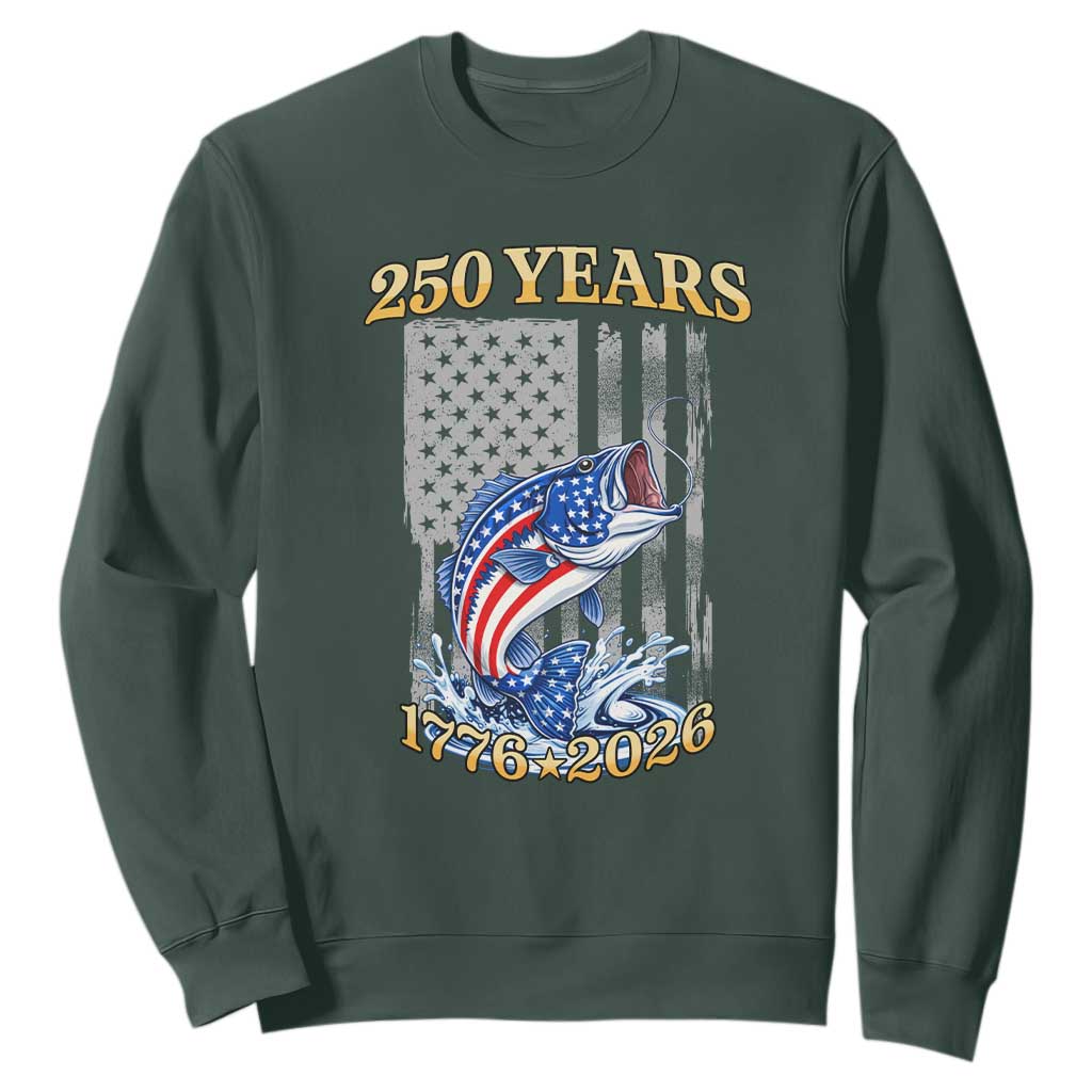 250th Anniversary USA Fishing Sweatshirt Patriotic Fisherman American Flag TS14 Dark Forest Green Print Your Wear