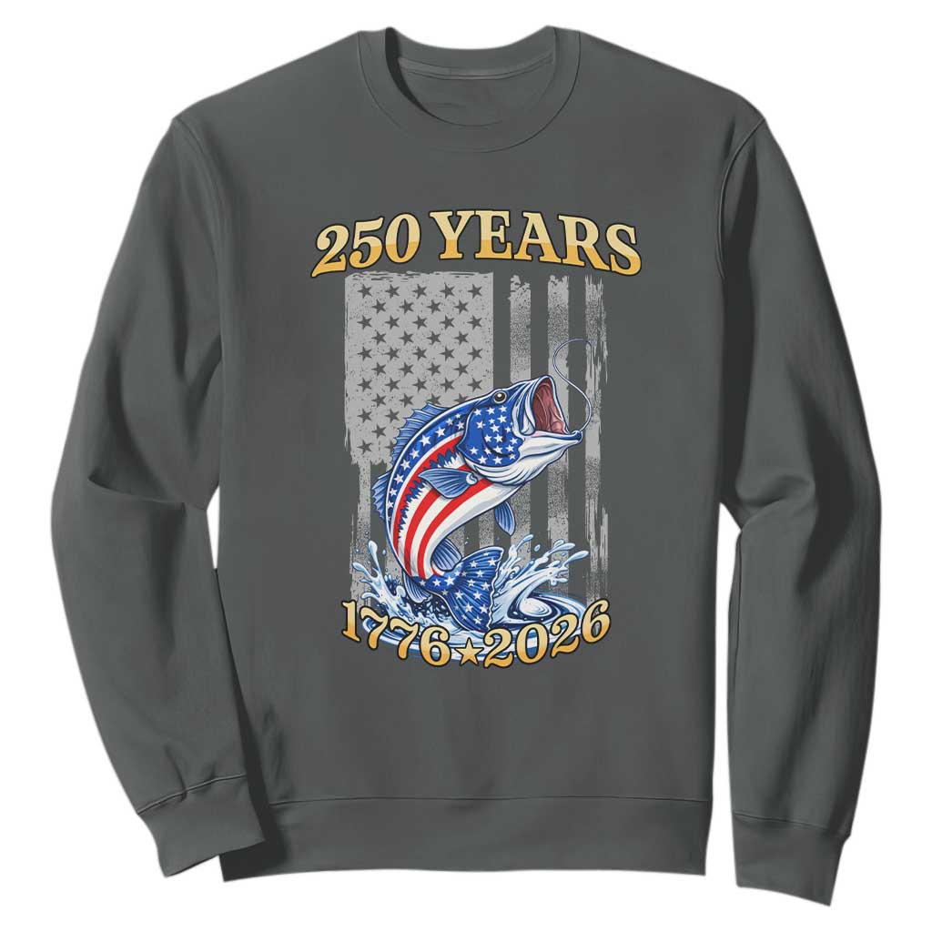 250th Anniversary USA Fishing Sweatshirt Patriotic Fisherman American Flag TS14 Dark Heather Print Your Wear