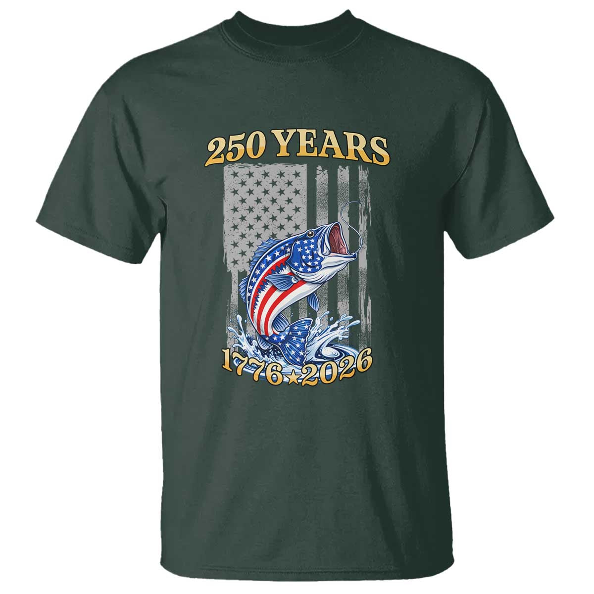 America 250th Fishing T Shirt Patriotic Fisherman American Flag TS14 Dark Forest Green Print Your Wear