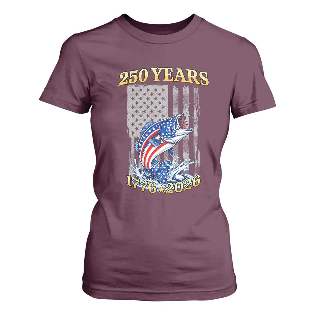 America 250th Fishing T Shirt For Women Patriotic Fisherman American Flag TS14 Maroon Print Your Wear