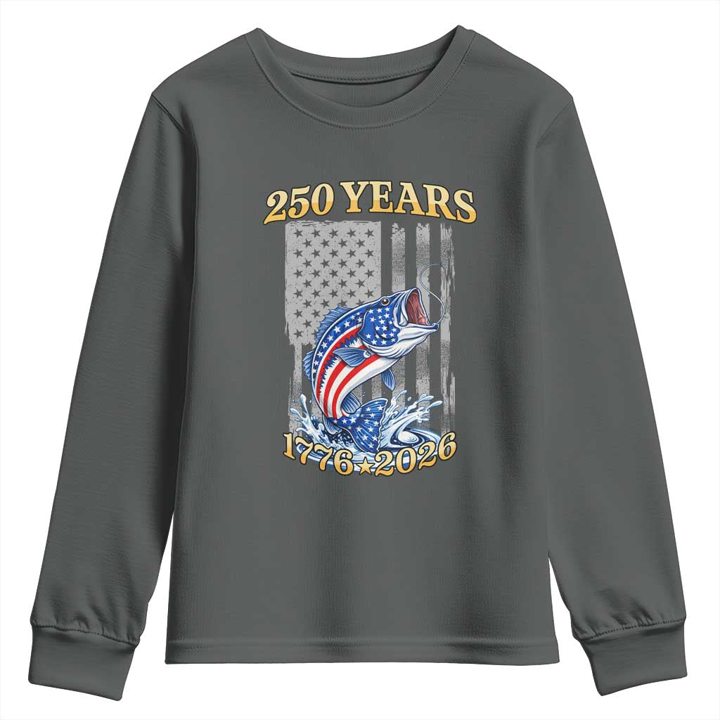 America 250th Fishing Youth Sweatshirt Patriotic Fisherman American Flag TS14 Dark Heather Print Your Wear