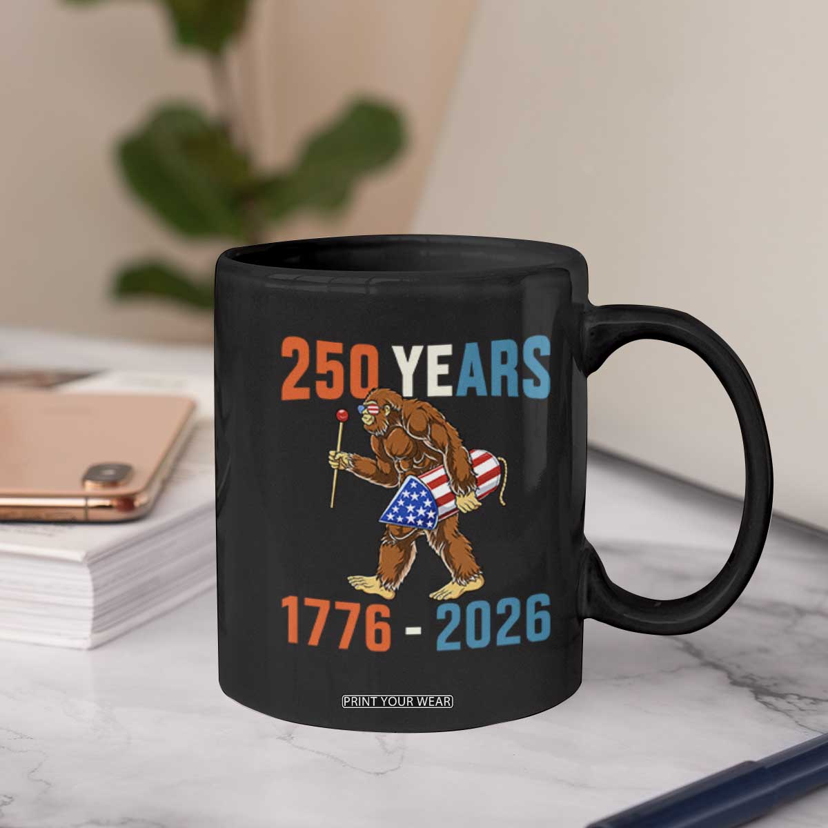 250th Anniversary USA Bigfoot Coffee Mug Funny Sasquatch American Flag Fireworks Fourth of July TS14 Print Your Wear