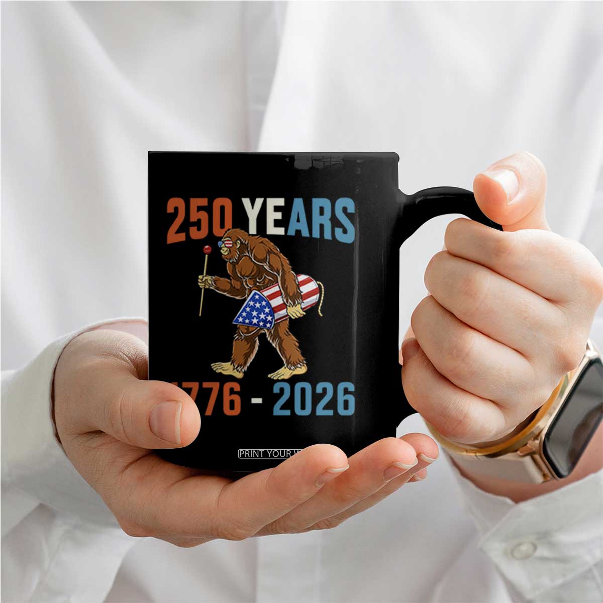 250th Anniversary USA Bigfoot Coffee Mug Funny Sasquatch American Flag Fireworks Fourth of July TS14 Print Your Wear